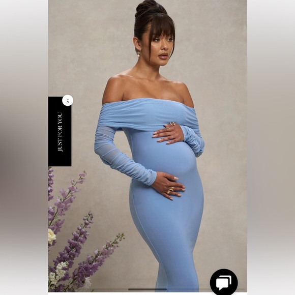 CLUB LONDON PRETTY PERFECT POWDER BLUE MATERNITY RUCHED MESH BARDOT MAXI DRESS - Picture 3 of 16